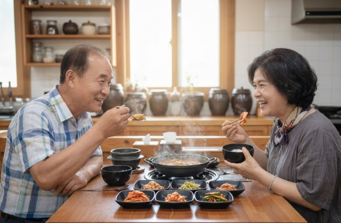 "건강한 한식 밥상인 김치와 찌개를 놓고 환하게 웃으며 식사하는 중년 부부의 모습