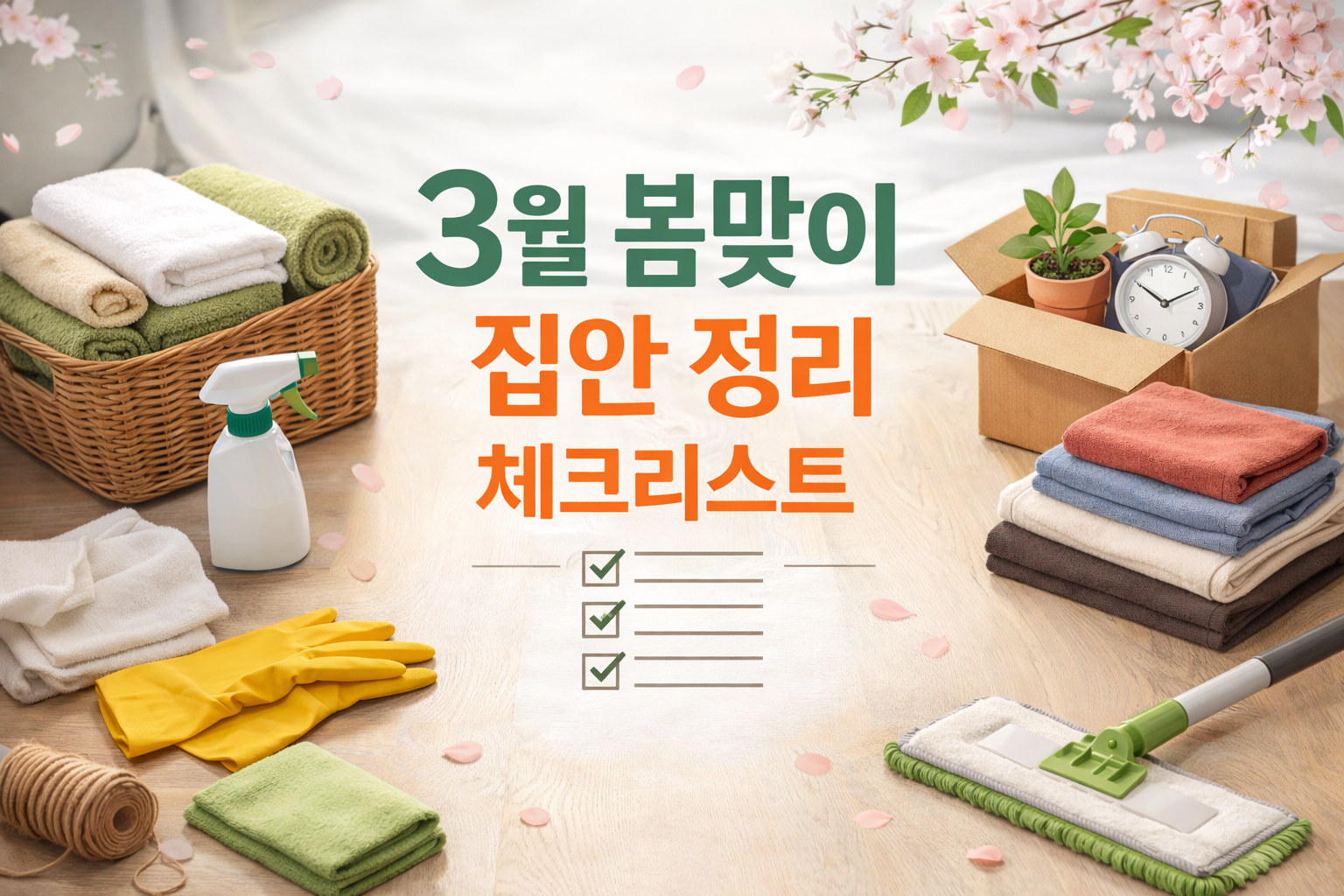 3월 봄맞이 집안 정리를 위한 청소도구와 정리박스가 정돈된 실내 사진