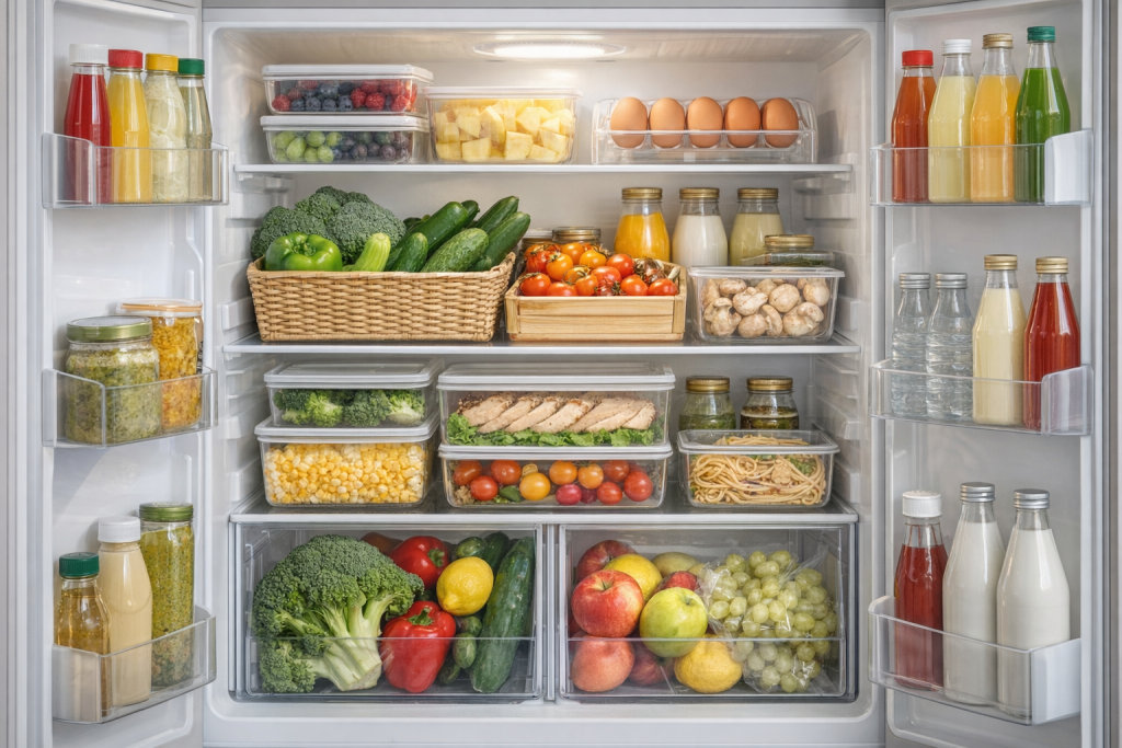 신선식품과 반찬이 투명 밀폐용기에 담겨 깔끔하게 정리된 냉장고 내부 모습