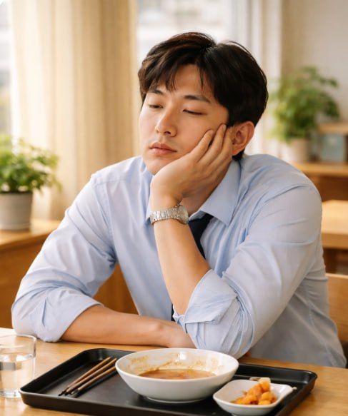 점심 식사 후 식판 앞에서 졸린 표정을 짓는 남성의 식곤증 대표 이미지