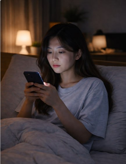 침대에서 스마트폰을 보며 잠들지 못하는 여성의 수면 습관 대표 이미지