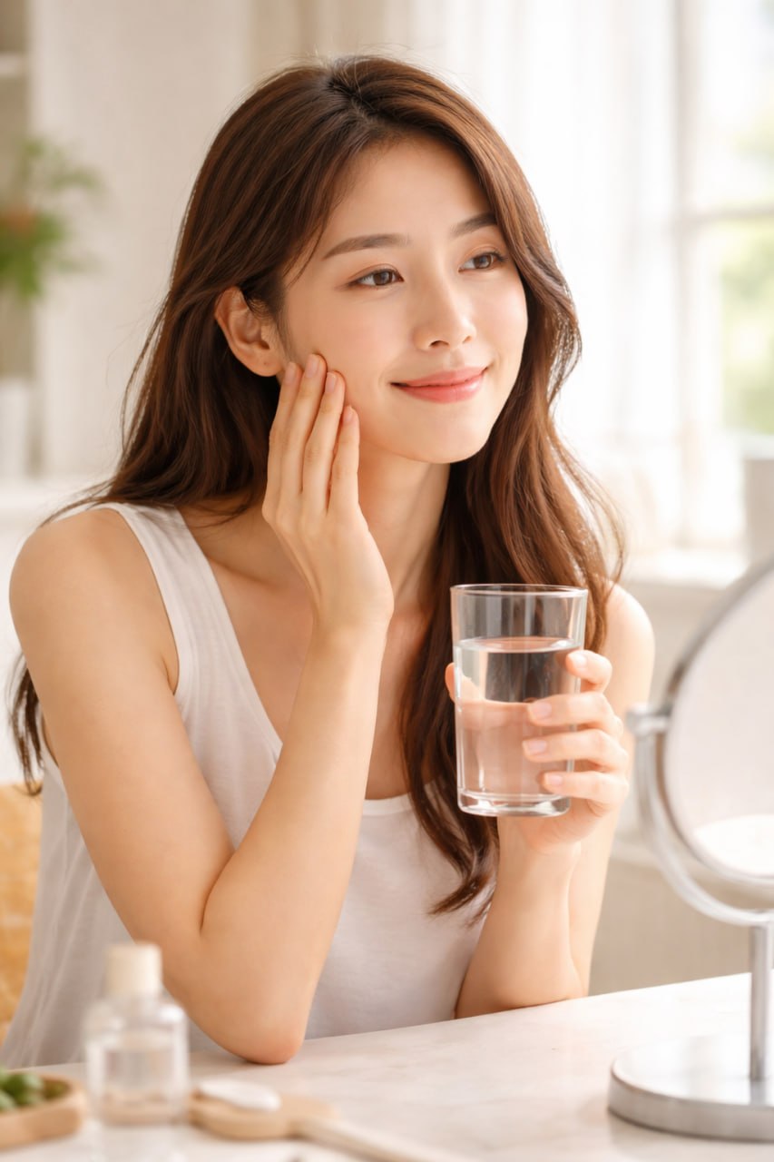 물컵을 들고 피부를 만지며 미소 짓는 여성의 수분 섭취와 피부 건강 대표 이미지