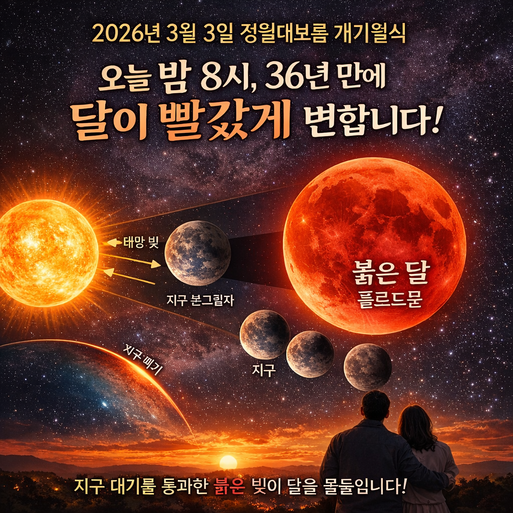 2026년 3월 3일 정월대보름 개기월식 안내 이미지, 밤 8시 붉게 변하는 블러드문과 태양·지구·달의 정렬 원리를 설명한 가로형 포스터
