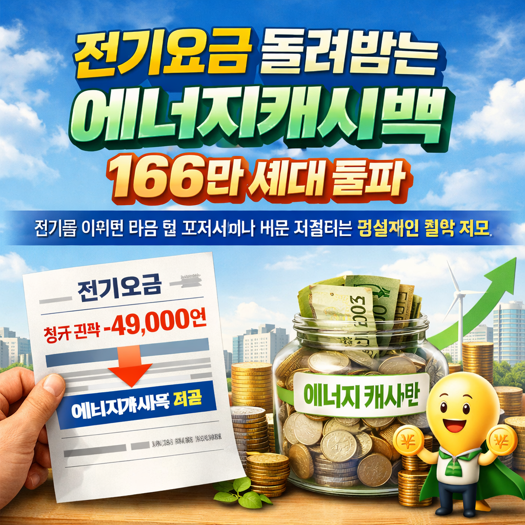 전기요금 고지서와 저금통, 동전이 함께 배치된 에너지캐시백 홍보 이미지로 166만 세대 돌파 문구가 강조된 모습