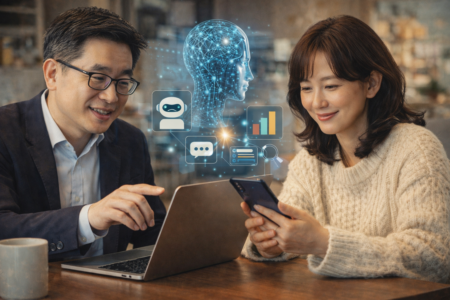 AI 기술을 활용해 노트북과 스마트폰으로 정보를 확인하는 두 사람이 협업하는 모습