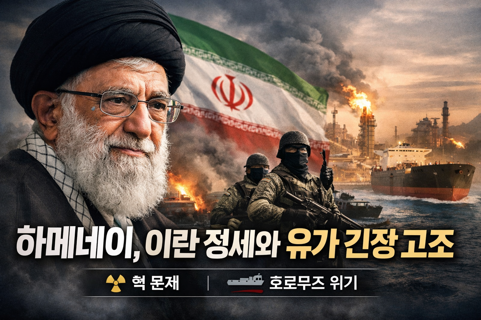 이란 최고지도자 하메네이와 이란 국기, 석유 시설과 유조선이 함께 표현된 중동 정세 및 국제 유가 긴장 관련 이미지