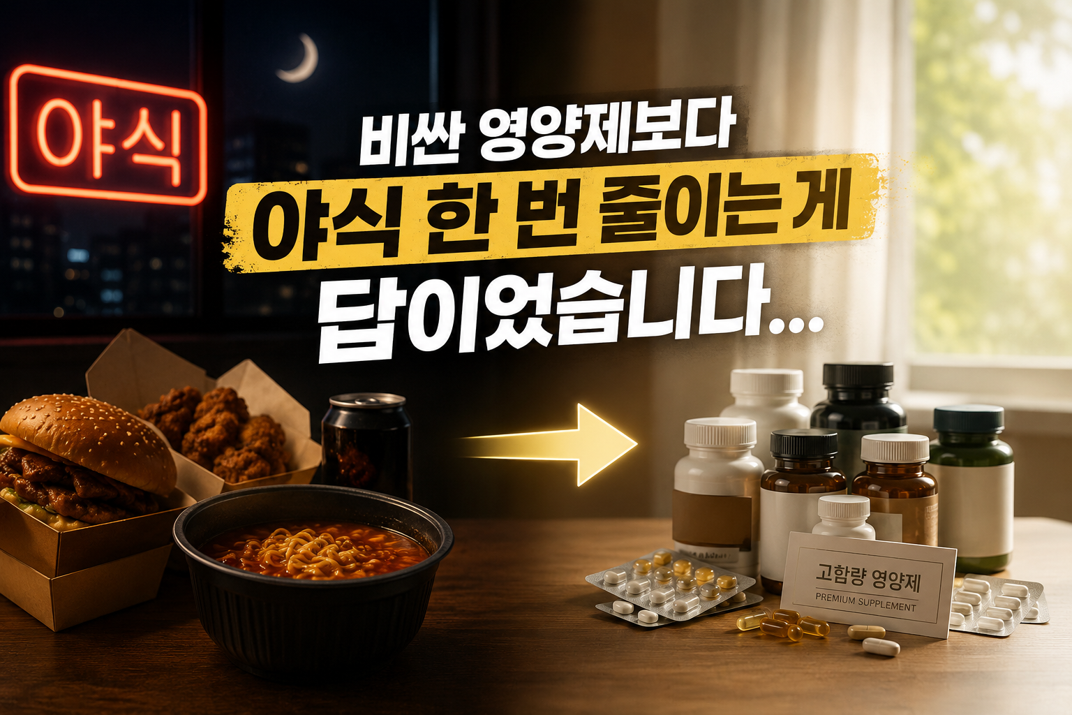 늦은 밤 야식 음식과 영양제를 비교하며 건강 관리를 위해 야식 줄이기와 올바른 생활습관의 중요성을 표현한 이미지