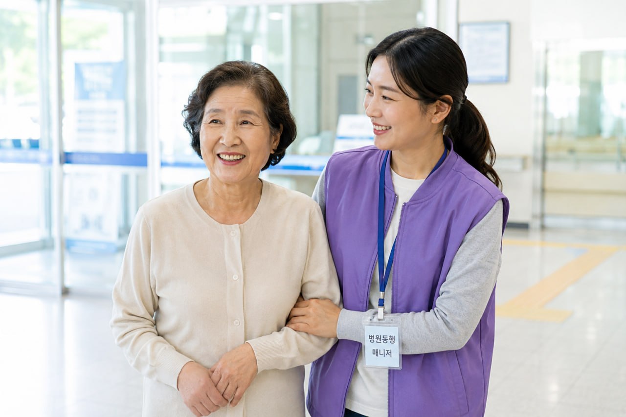 병원동행 매니저가 어르신과 함께 병원에서 이동하는 모습 대표이미지