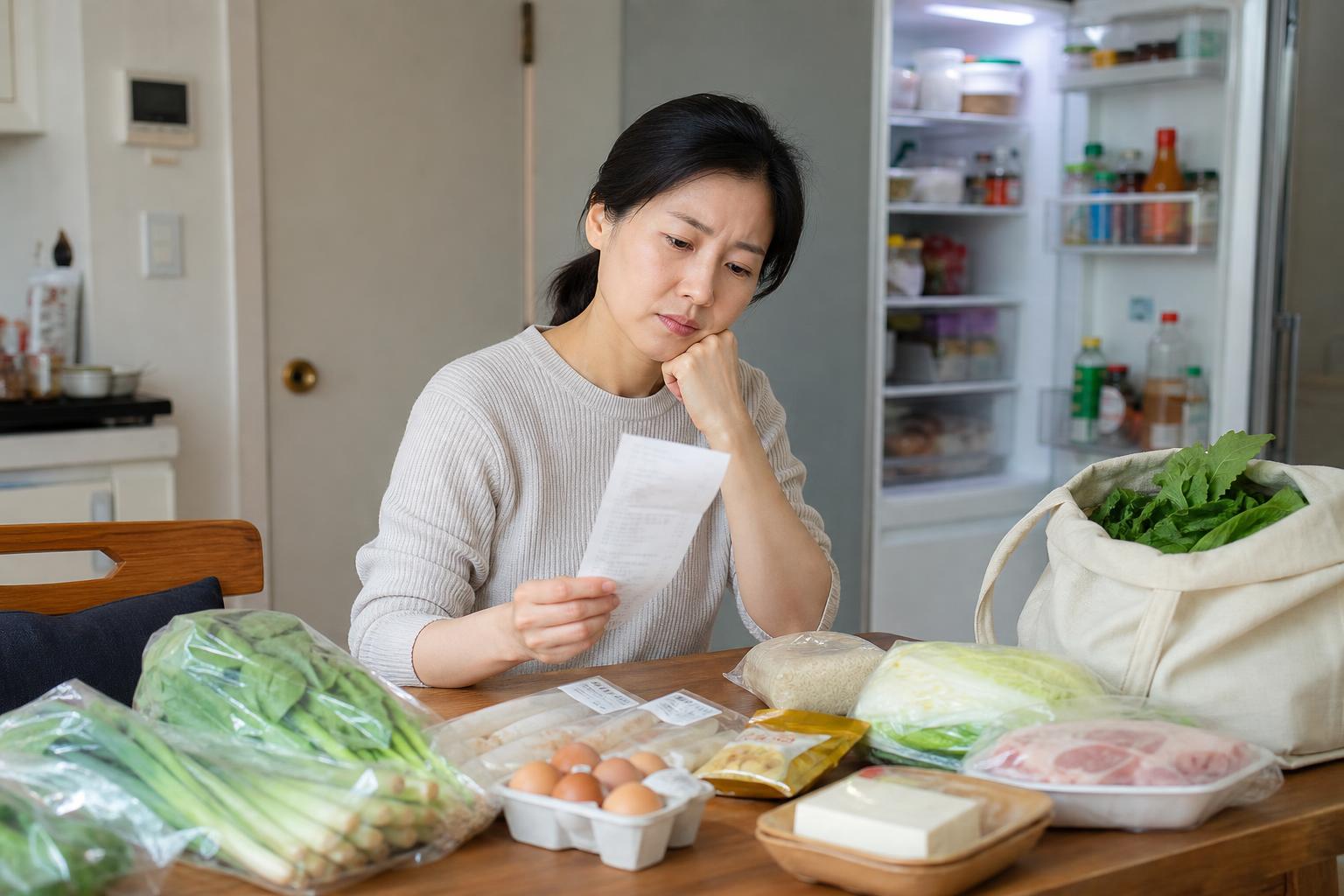 집밥 재료와 영수증을 보며 식비를 고민하는 한국인 이미지