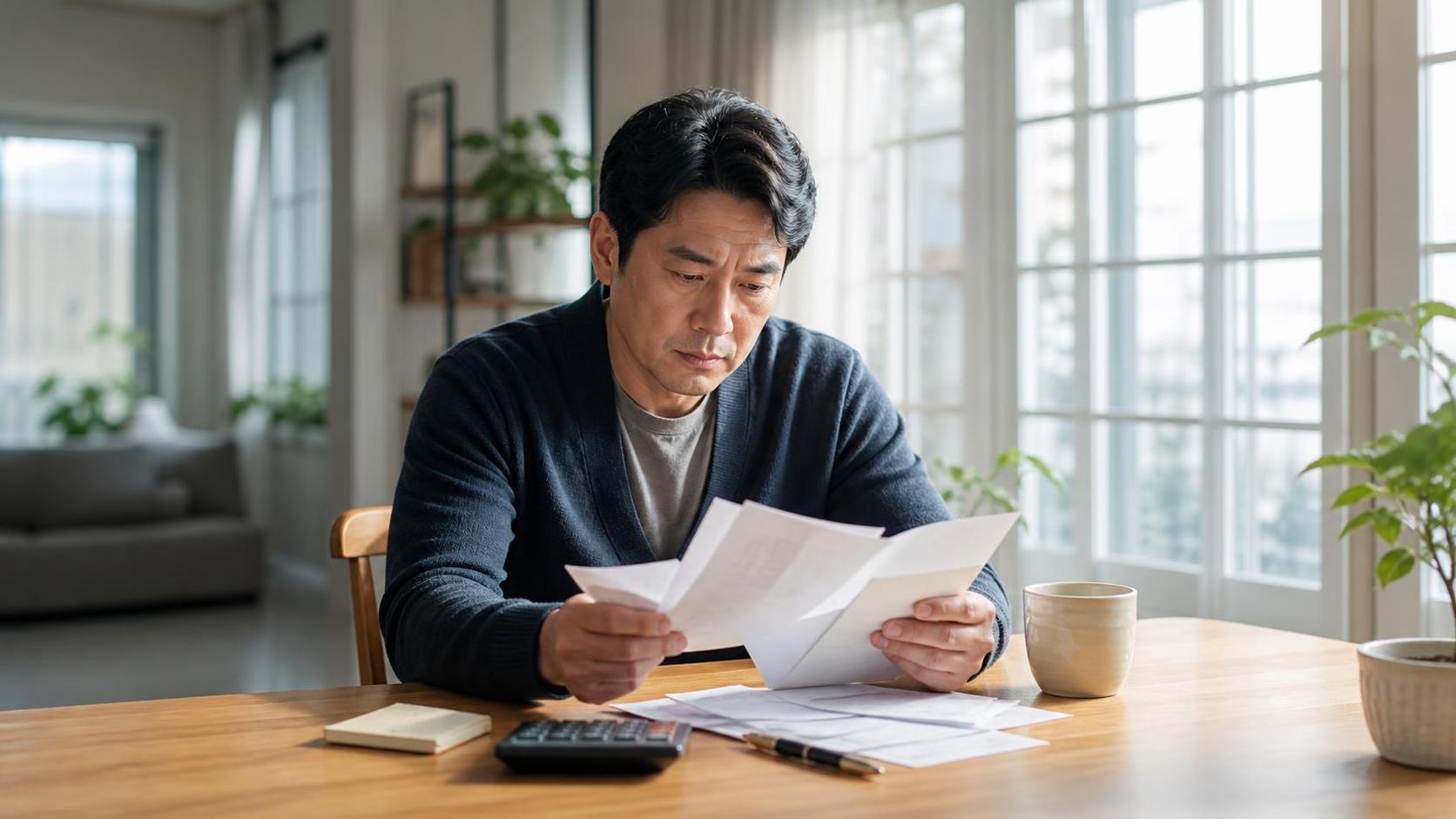 월급명세서와 공과금 고지서를 보며 생활비 부담을 느끼는 한국 직장인 이미지